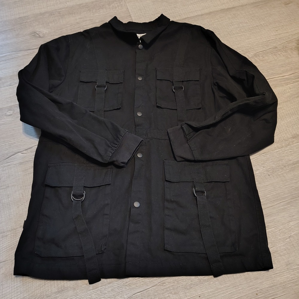 Fairplay‎ Mens Utility Field Jacket Black Tactical Cargo Strap Streetwear Large